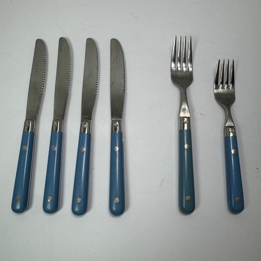 Vintage Stainless Korea 6‎ Piece Flatware Cutlery Set Incomplete Forks Blue MCM